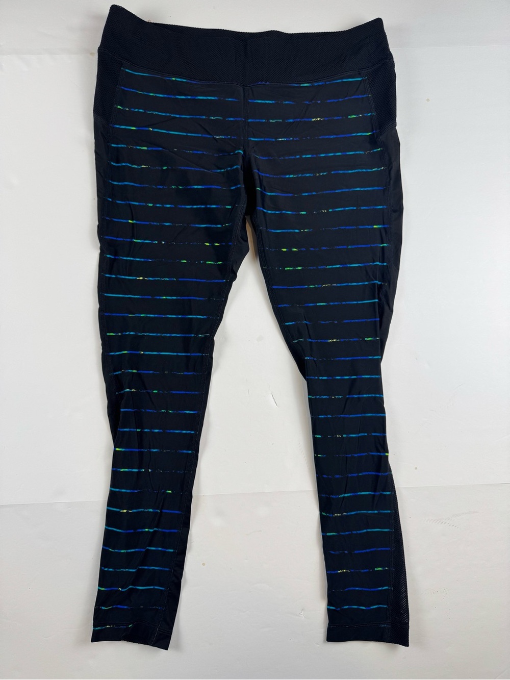 Athleta Navy Leggings with Blue-Green Stripes
